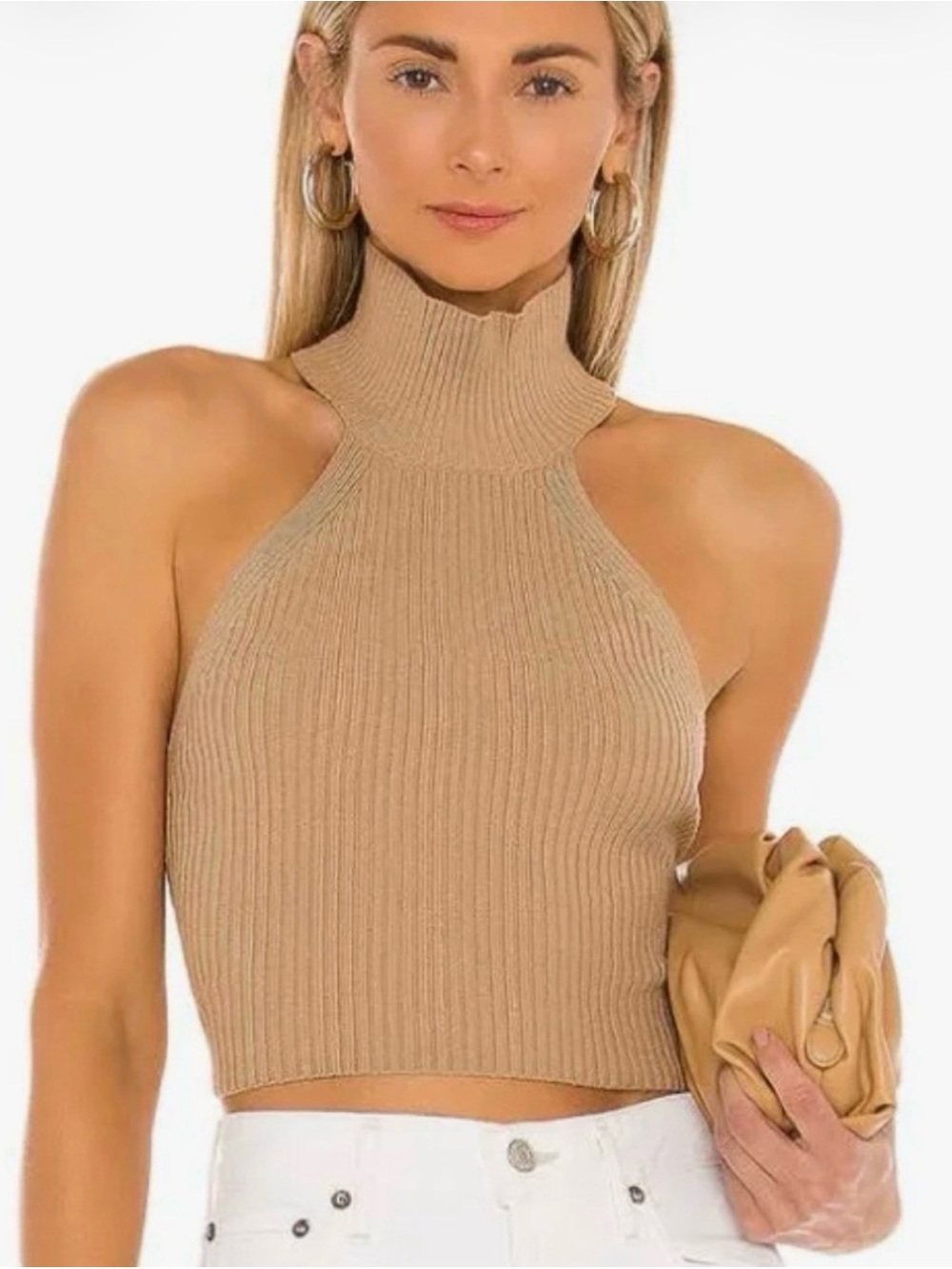 House of Harlow 1960 Ribbed Knit Turtleneck Scarf Top Brown M